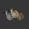 Three Shiny Silver And Gold French Horns Musical Instruments On Black Background With Reflections