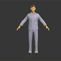 Man in Blue and White Striped Pajamas with Arms Outstretched Against Dark Background