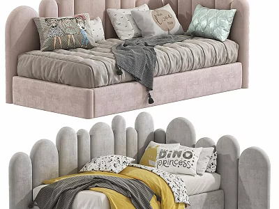 Soft Pink and Grey Kids Bed with Arched Headboard and Cozy Pillows Blankets 3d model