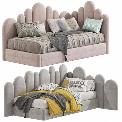 Soft Pink and Grey Kids Bed with Arched Headboard and Cozy Pillows Blankets 3d model
