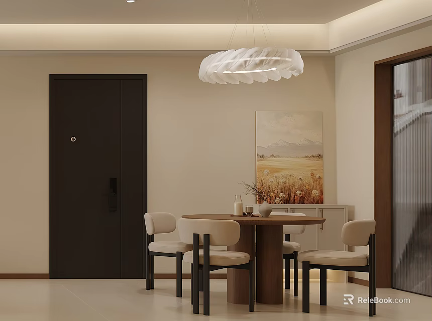 Modern Restaurant With Round Wooden Table Four Light Chairs Dark Door And White Pendant Light 3d model 