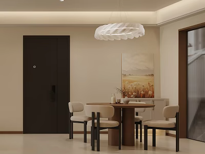Modern Restaurant With Round Wooden Table Four Light Chairs Dark Door And White Pendant Light 3d model