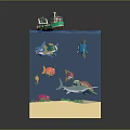 Colorful Underwater Animal Model With Shark Fish Octopus Seaweed And Small Boat