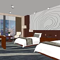 Modern Hotel Room Interior With Twin Beds Wavy Texture Headboard Table Lamps And Accent Chair