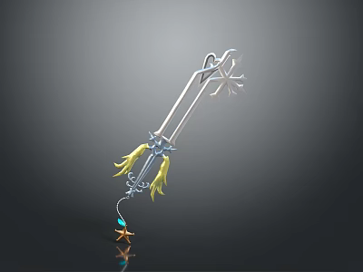 Elegant Silver Decorative Weapon with Crossed Design Yellow Tassels and Blue Gemstone 3d model