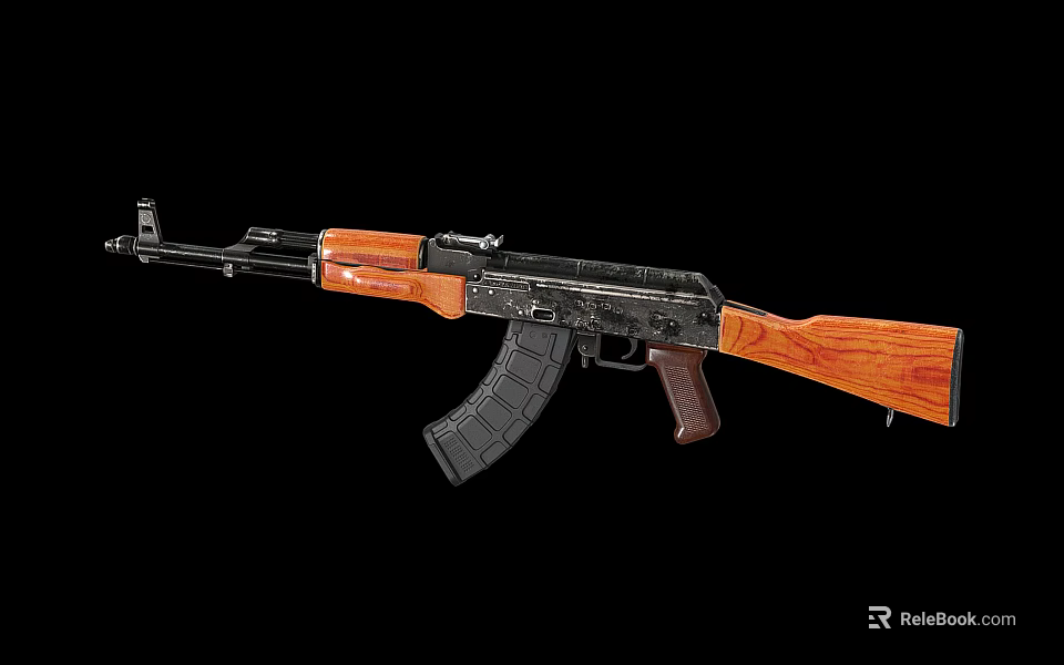 Classic AK Rifle With Wooden Stock Black Barrel And Detachable Magazine 3d model 