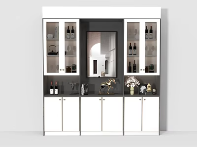 Modern Wine Cabinet Design With Glass Doors Wine Bottles Mirror And White Cabinets 3d model
