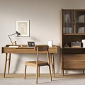 Wooden Desk With Chair Desk Lamp Clock And Bookshelf Near Wall Art