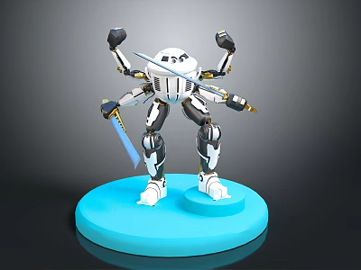 Detailed 3D Robot Character With Multiple Limbs Holding Sword On Blue Base 3d model