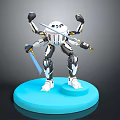 Detailed 3D Robot Character With Multiple Limbs Holding Sword On Blue Base