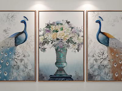 Peacock Animal Paintings With Vase And Flower Bouquet For Home Decor Art 3d model