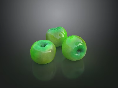 Three Shiny Green Apples With Glossy Surface On Dark Background And Clear Reflections 3d model