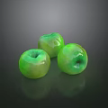 Three Shiny Green Apples With Glossy Surface On Dark Background And Clear Reflections