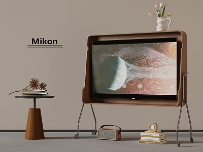 Mikon TV Screen Showing Planetary Image With Side Table Radio Books And Clock 3d model