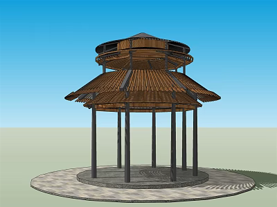Wooden Landscape Pavilion With Two Tiered Roof And Circular Stone Slab Base 3d model