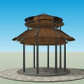 Wooden Landscape Pavilion With Two Tiered Roof And Circular Stone Slab Base