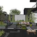 Modern Courtyard Garden Design With Outdoor Sofa Coffee Table Green Plants And Lighting