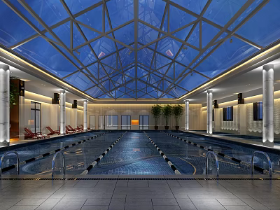 Spacious Indoor Swimming Pool With Glass Ceiling Poolside Loungers And Modern Lighting 3d model