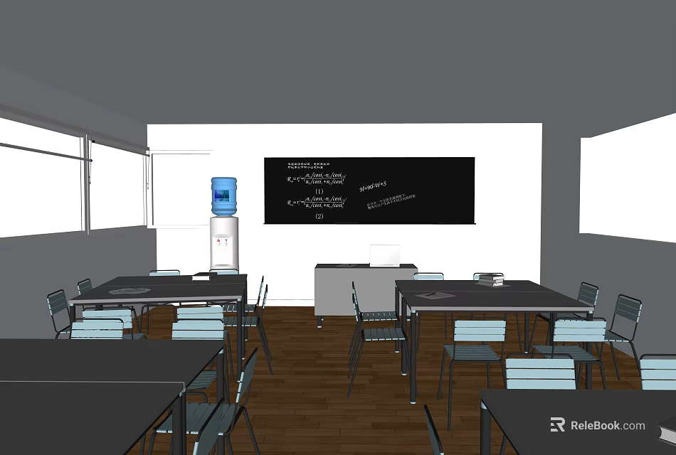 School Classroom Interior With Tables Chairs Blackboard And Water Dispenser 3d model 