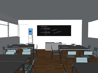 School Classroom Interior With Tables Chairs Blackboard And Water Dispenser 3d model