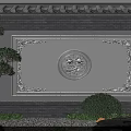 Traditional Chinese Scenic Wall With Circular Decorative Relief Tile Roof And Surrounding Garden Plants