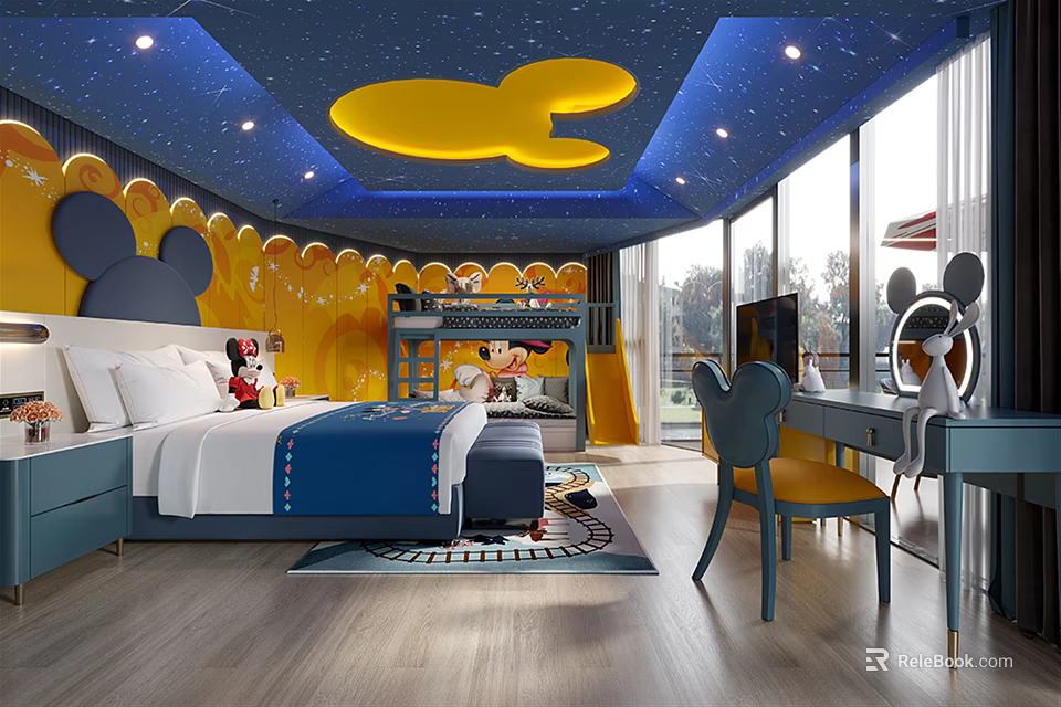 Mickey Themed Hotel Guest Room With Mickey Head Ceiling Bunk Bed Slide And Blue Bedding 3d model 
