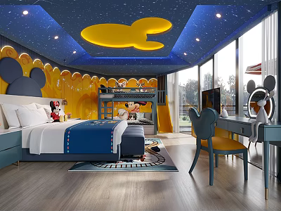Mickey Themed Hotel Guest Room With Mickey Head Ceiling Bunk Bed Slide And Blue Bedding 3d model