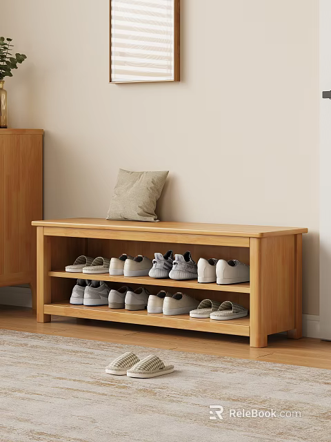 Wooden Shoe Bench with Cushion Top and Two Tier Shoe Storage Shelves 3d model 