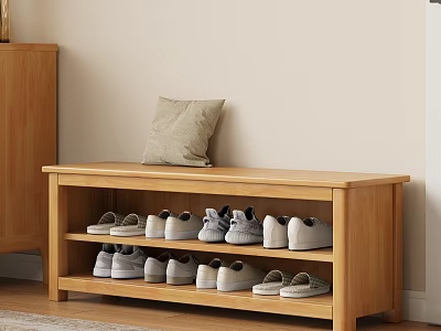 Wooden Shoe Bench with Cushion Top and Two Tier Shoe Storage Shelves 3d model