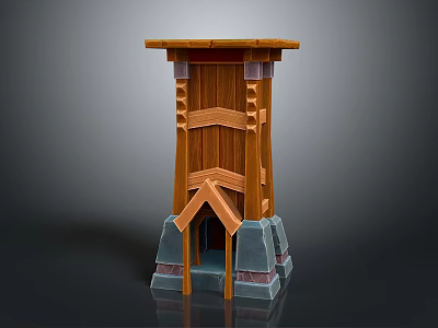 Wooden Tower Scene Component With Stone Base And Decorative Wooden Beams 3d model