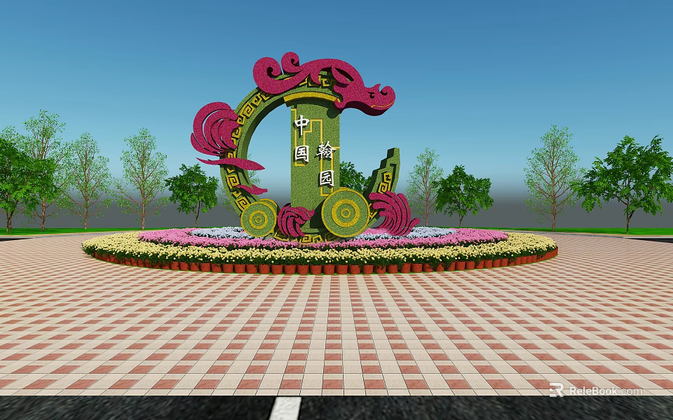 Chinese Knot Themed Garden Ornament With Circular Structure Red Pink Decorations And Flower Surroundings 3d model 
