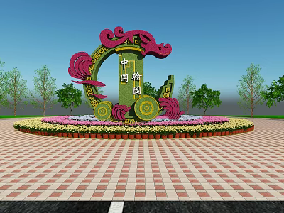 Chinese Knot Themed Garden Ornament With Circular Structure Red Pink Decorations And Flower Surroundings 3d model