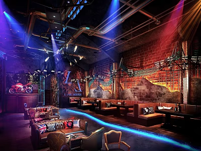 Industrial Style Bar Interior With Brick Walls Colorful Lighting And Comfortable Seats 3d model