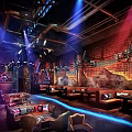 Industrial Style Bar Interior With Brick Walls Colorful Lighting And Comfortable Seats
