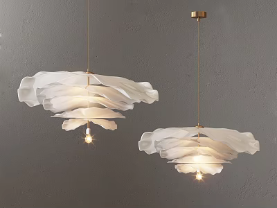 Modern White Layered Chandeliers With Golden Brackets Illuminated On Gray Wall 3d model