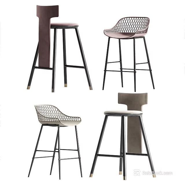 Modern Stylish Bar Stools With Metal Frames And Various Seat Designs 3d model 