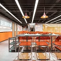 Restaurant Interior Design With Metal Tables Chairs Pendant Lights Decorative Signs And Terrazzo Floor