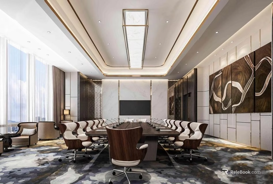 Modern Conference Room With Large Round Table Wheel Chairs Large Screen TV And Decorative Painting 3d model 