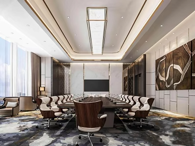 Modern Conference Room With Large Round Table Wheel Chairs Large Screen TV And Decorative Painting 3d model