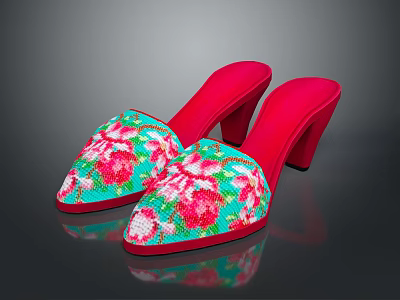 Women's Sequined Slippers with Red Heels Turquoise Upper and Pink Floral Pattern 3d model