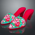 Women's Sequined Slippers with Red Heels Turquoise Upper and Pink Floral Pattern