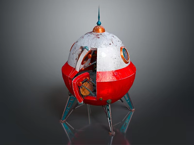 Vintage Red And White Rocket Model With Spiked Top Open Door And Metal Legs 3d model