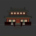 Cartoon Chinese Traditional Two Story Building Scene with Green Roof Red Walls and Stone Lions