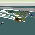 Modern Green Roof Buildings On Waterfront With Wooden Pier And People