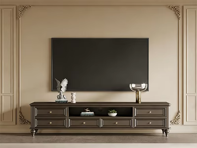 Elegant Dark Wood TV Stand With Drawers And Decorative Items On Carved Beige Wall 3d model