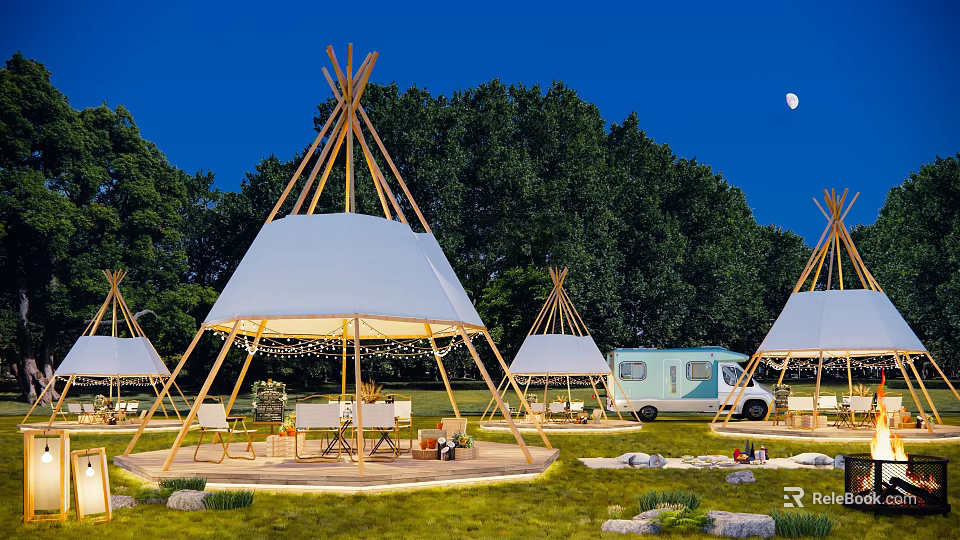 Garden Landscape With Tepees Green Trees Camper Van And Night Lighting 3d model 