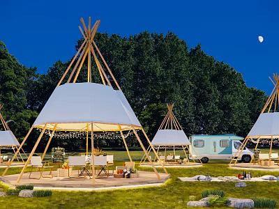 Garden Landscape With Tepees Green Trees Camper Van And Night Lighting 3d model