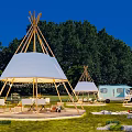 Garden Landscape With Tepees Green Trees Camper Van And Night Lighting