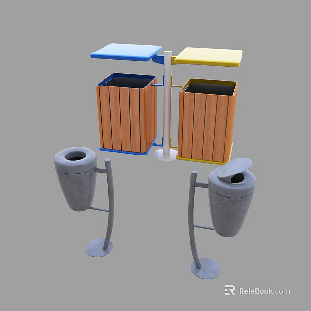 Public Facilities Featuring Wooden Trash Bins With Blue And Yellow Lids And Ashtrays 3d model 