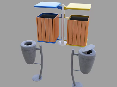 Public Facilities Featuring Wooden Trash Bins With Blue And Yellow Lids And Ashtrays 3d model